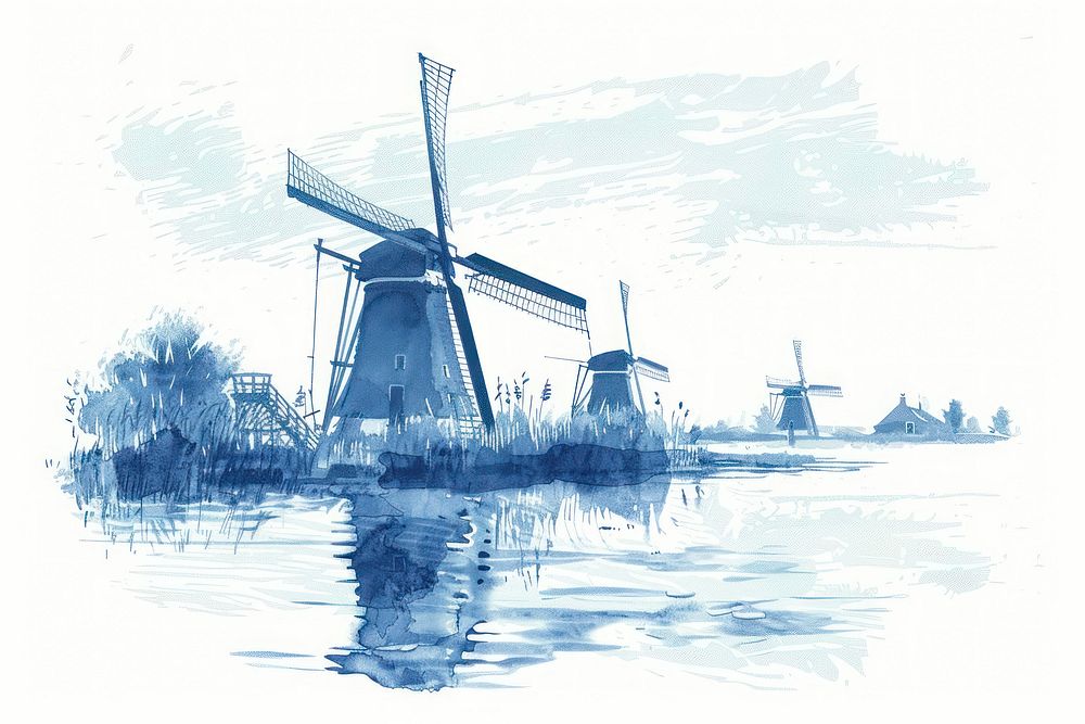 Antique of Windmills in Kinderdijk windmill outdoors art.