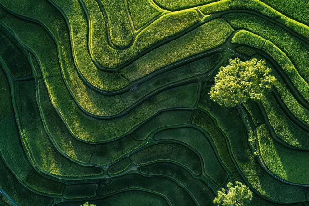 Aerial photo of a rice field sunlight outdoors nature.