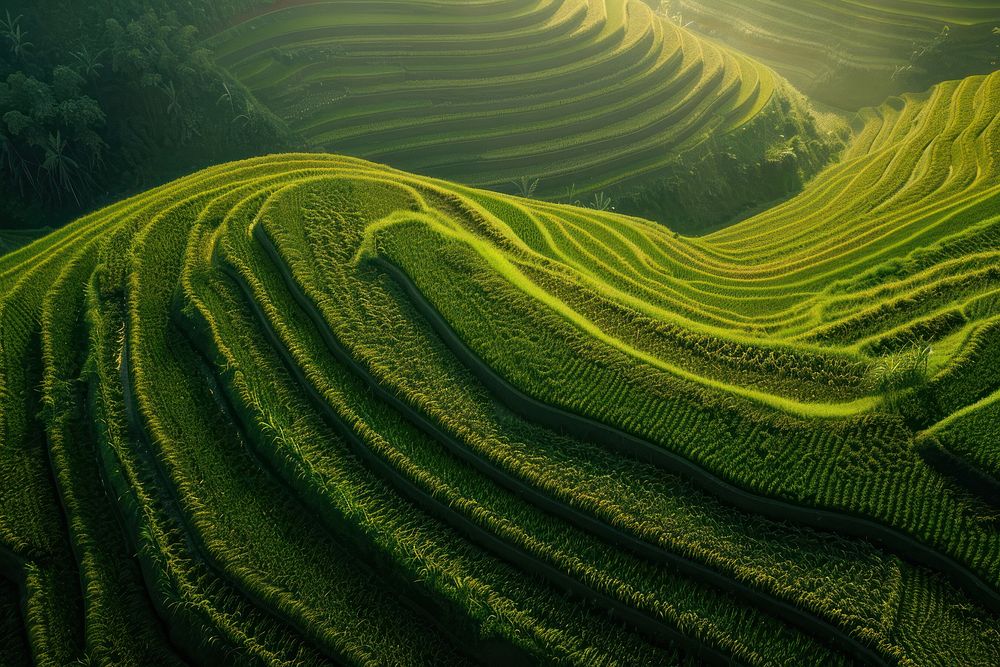 Aerial photo of a rice field sunlight outdoors nature.