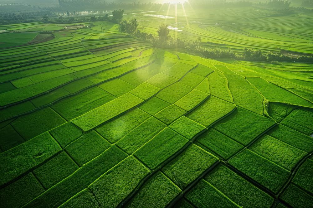 Aerial photo of a rice field sunlight outdoors nature.