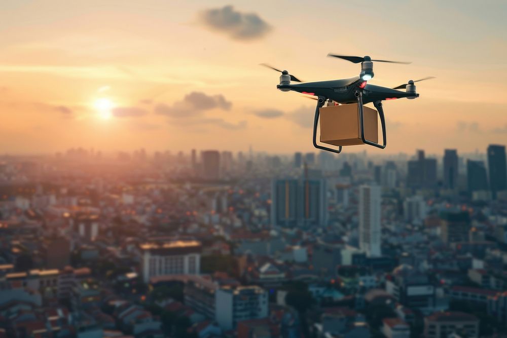 Aerial shot of a drone carrying a package cityscape architecture helicopter.