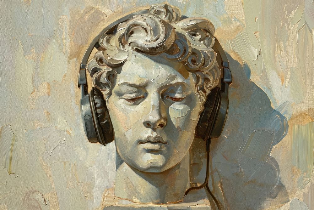 Oil painting of a clsoe up on pale Greek sculpture of wearing headphones portrait art old.