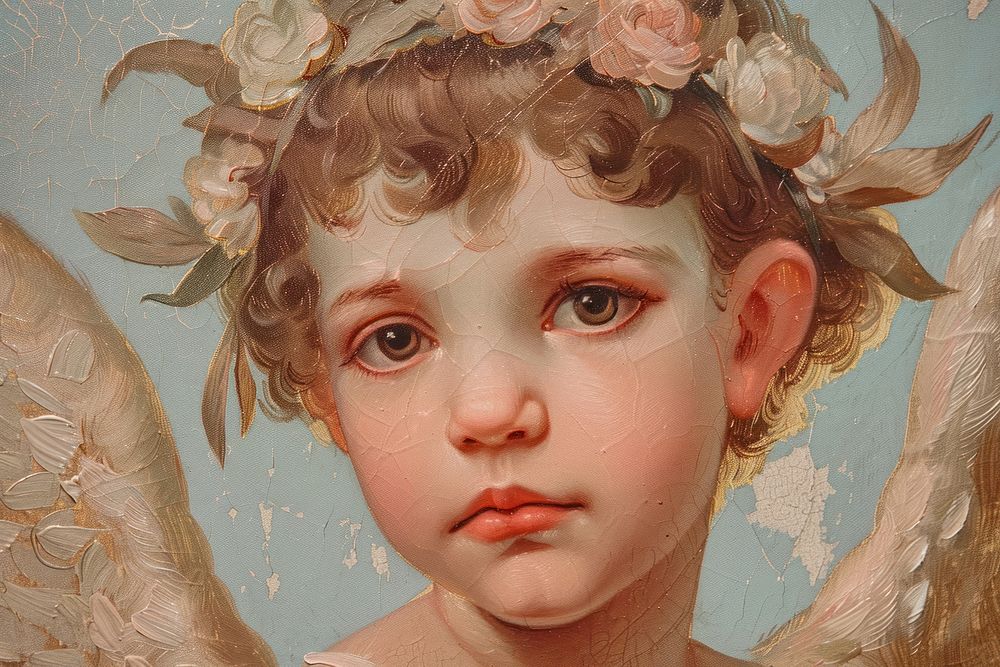 Close up on pale Cupid painting portrait baby.