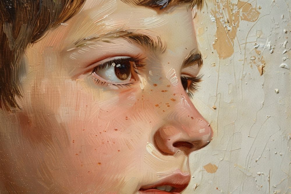Close up on pale kid portrait painting skin.