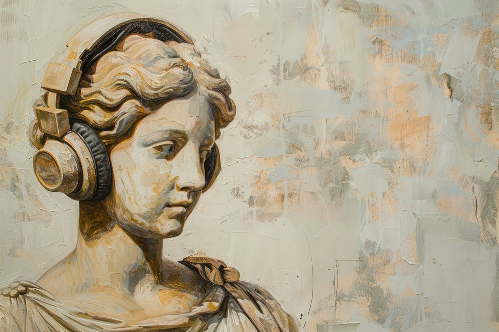 Oil painting of a clsoe up on pale Greek sculpture of wearing headphones art old representation.
