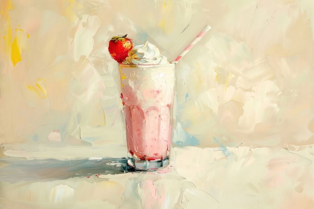 Oil painting of a clsoe up on pale smoothie dessert sundae drink.