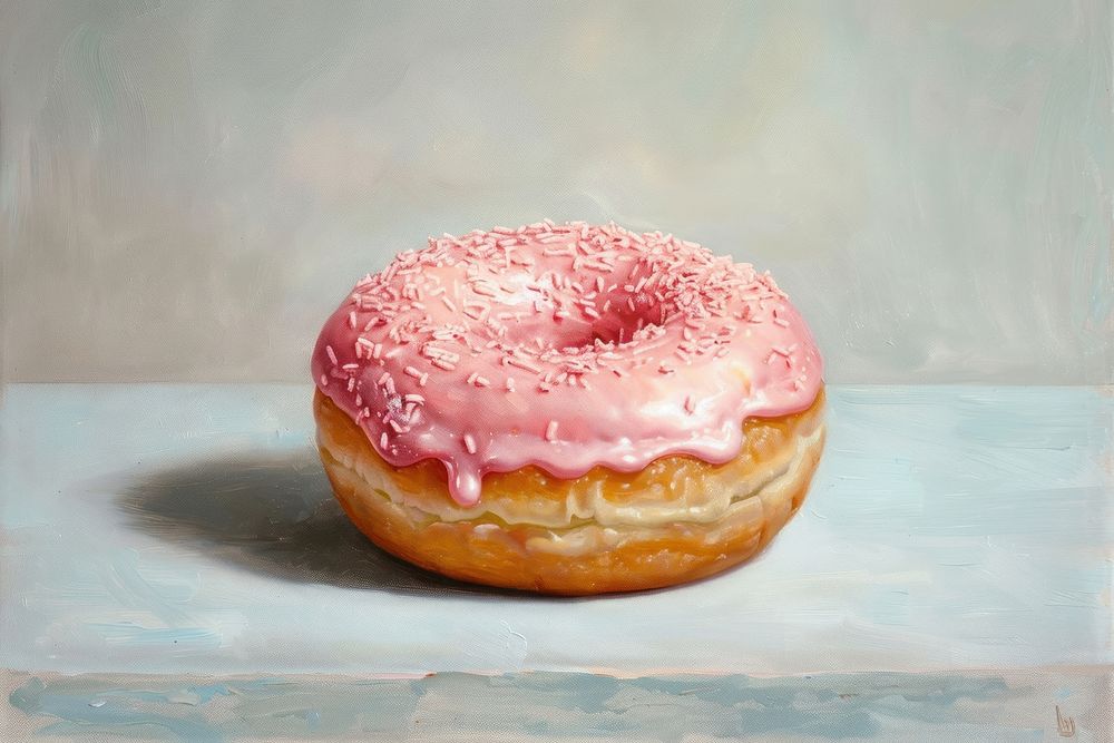 Clsoe up on one donut painting dessert food.