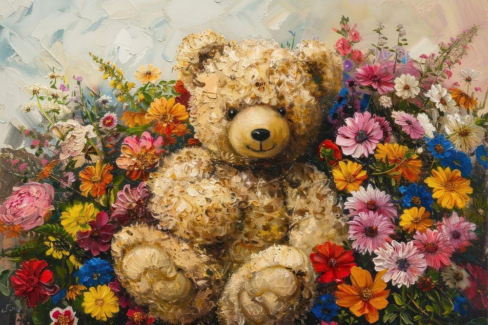 A cuddly teddy bear painting flower art.