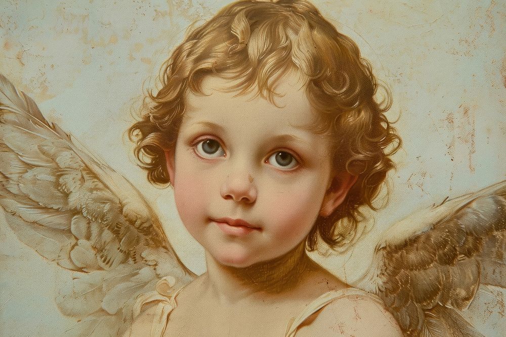 Close up on pale Cupid portrait painting angel.