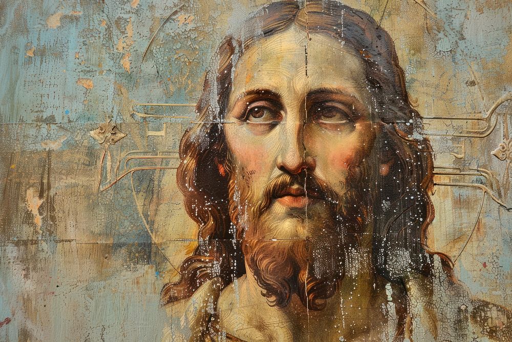 Oil painting of a clsoe up on pale Jesus Christ portrait art representation.