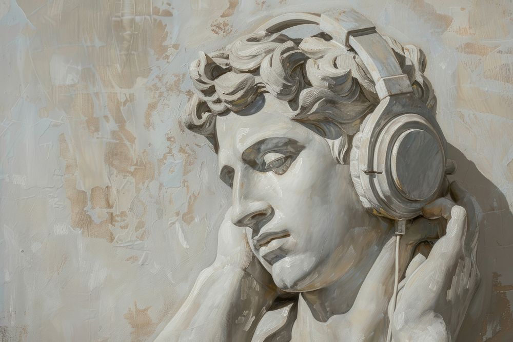Oil painting of a clsoe up on pale Greek sculpture of wearing headphones art representation architecture.