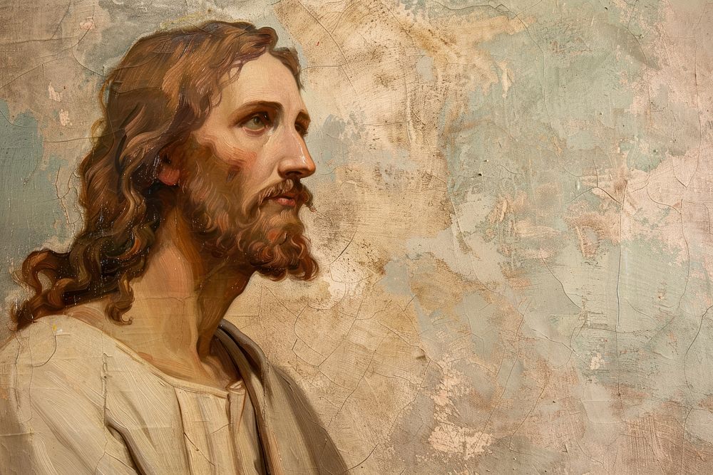Oil painting of a clsoe up on pale Jesus Christ portrait art representation.