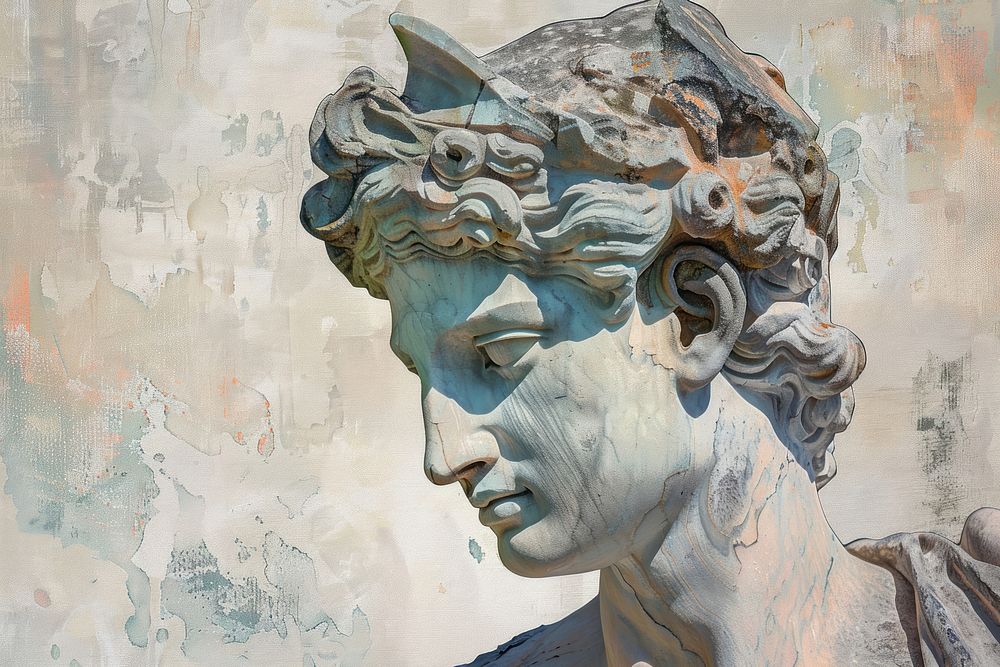 Oil painting of a clsoe up on pale Greek sculpture using computer portrait statue art.