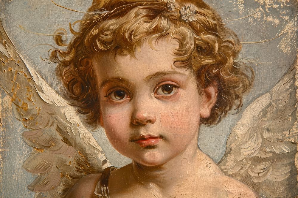 Close up on pale Cupid painting portrait art.