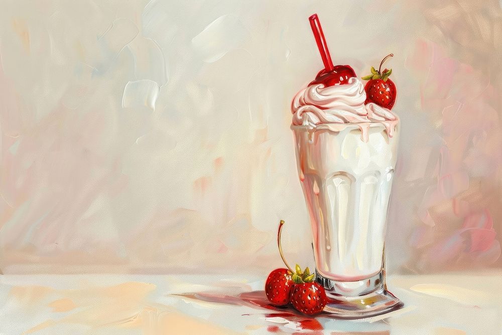 Oil painting of a clsoe up on pale Milkshake milkshake strawberry dessert.