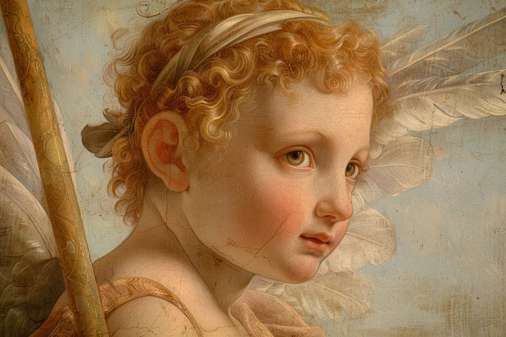 Close up on pale Cupid painting portrait angel.