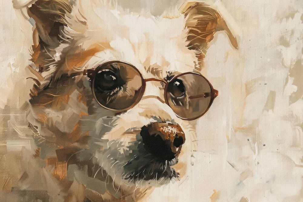 Close up on pale dog wearing glasses painting backgrounds sunglasses.