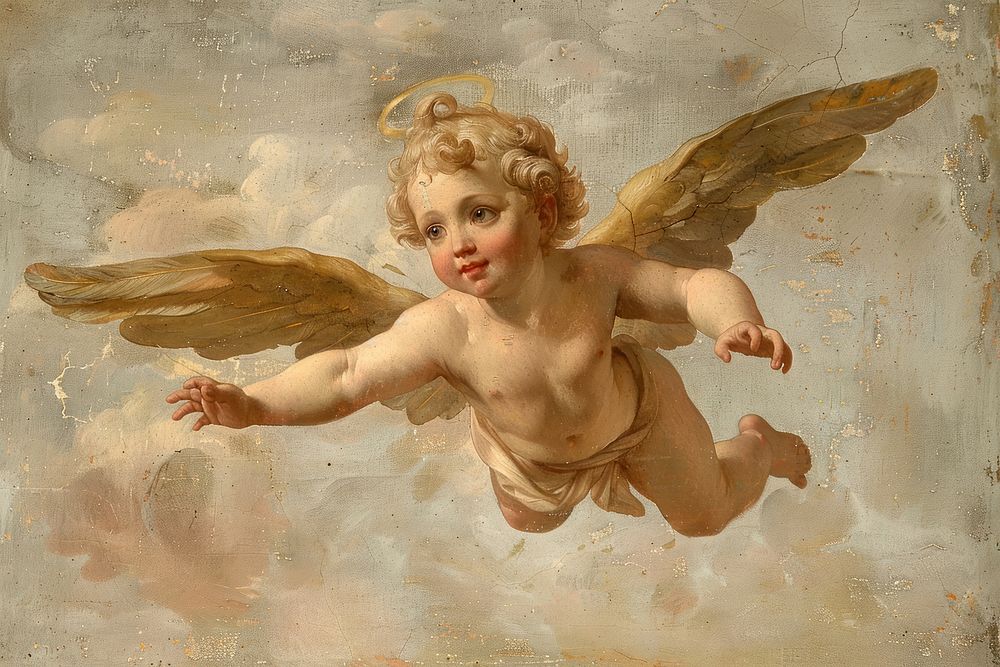 Oil painting of on pale Cupid cherub flying angel cupid art.