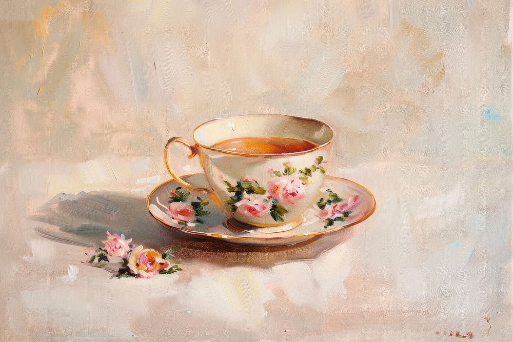 Oil painting of on pale tea cup saucer coffee mug.