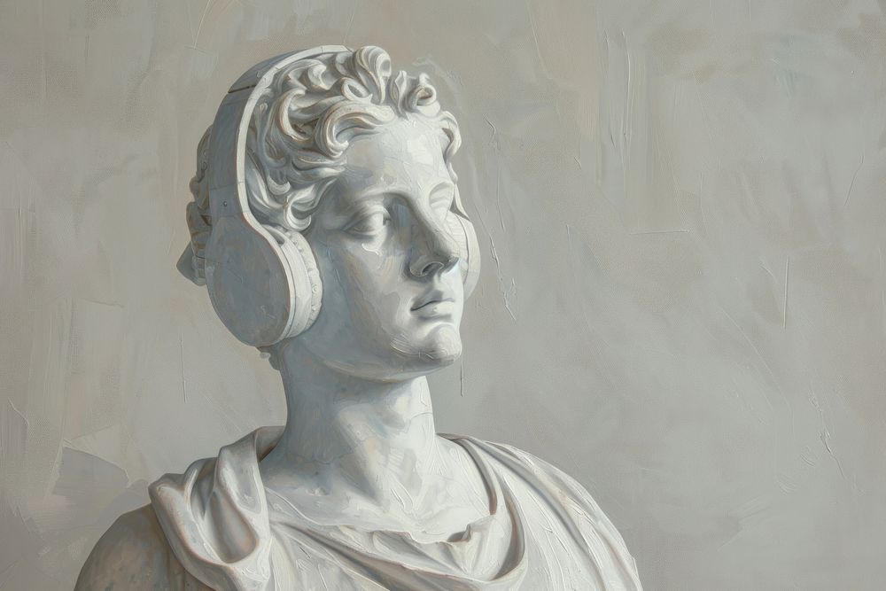 Oil painting of on pale Greek sculpture of wearing headphones statue art representation.