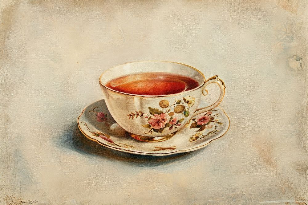 Oil painting of on pale tea cup saucer drink mug.