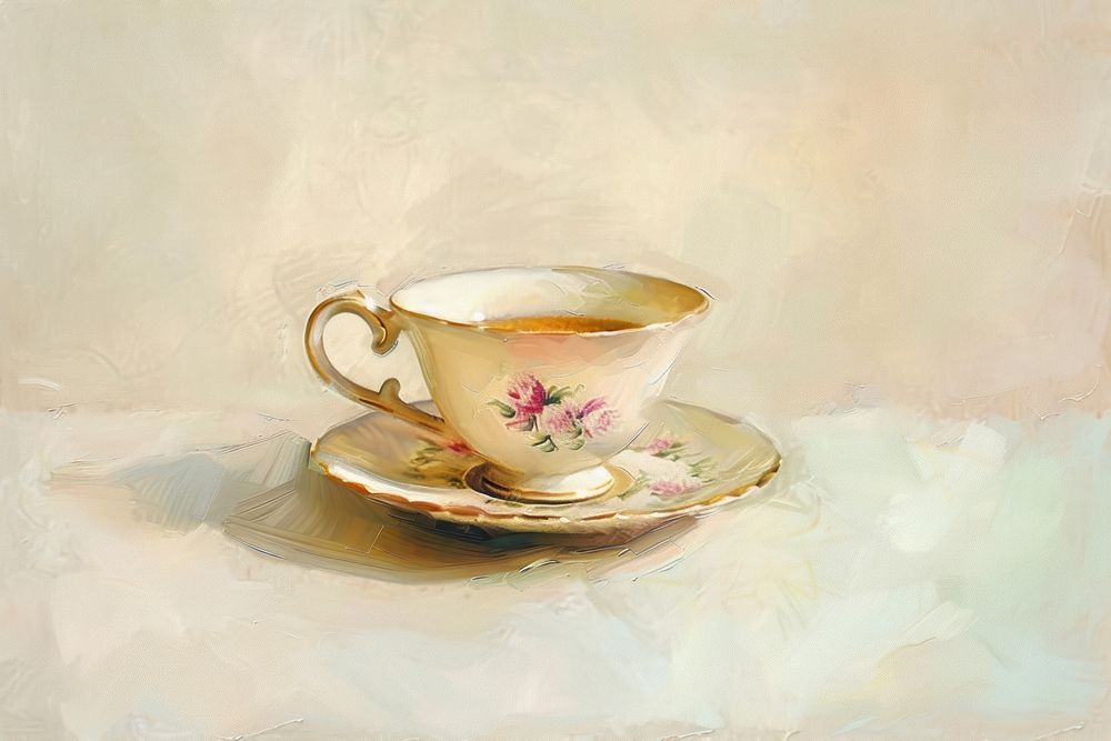 Oil painting of on pale tea cup saucer coffee drink.