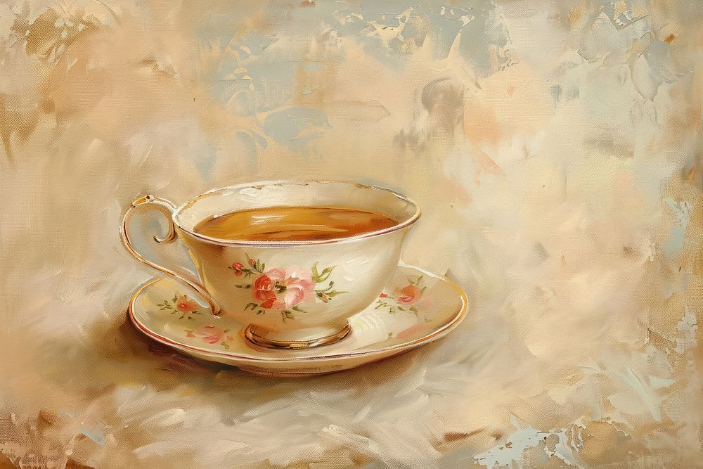 Oil painting of on pale tea cup saucer drink mug.