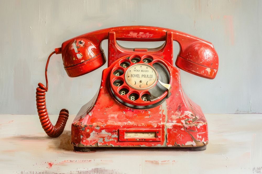 Oil painting of on pale Vintage red telephone old electronics technology.