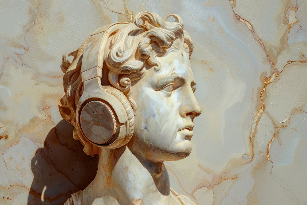 Oil painting of on pale Greek sculpture of wearing headphones art representation creativity.