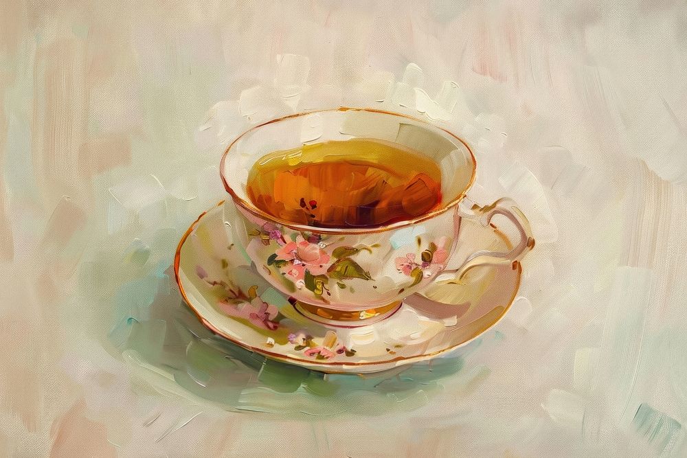 Oil painting of on pale tea cup saucer drink mug.