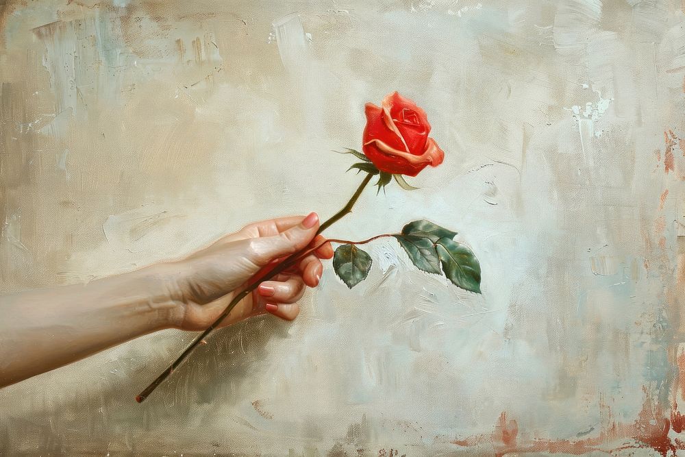 Oil painting of on pale hand holding a rose flower plant adult.