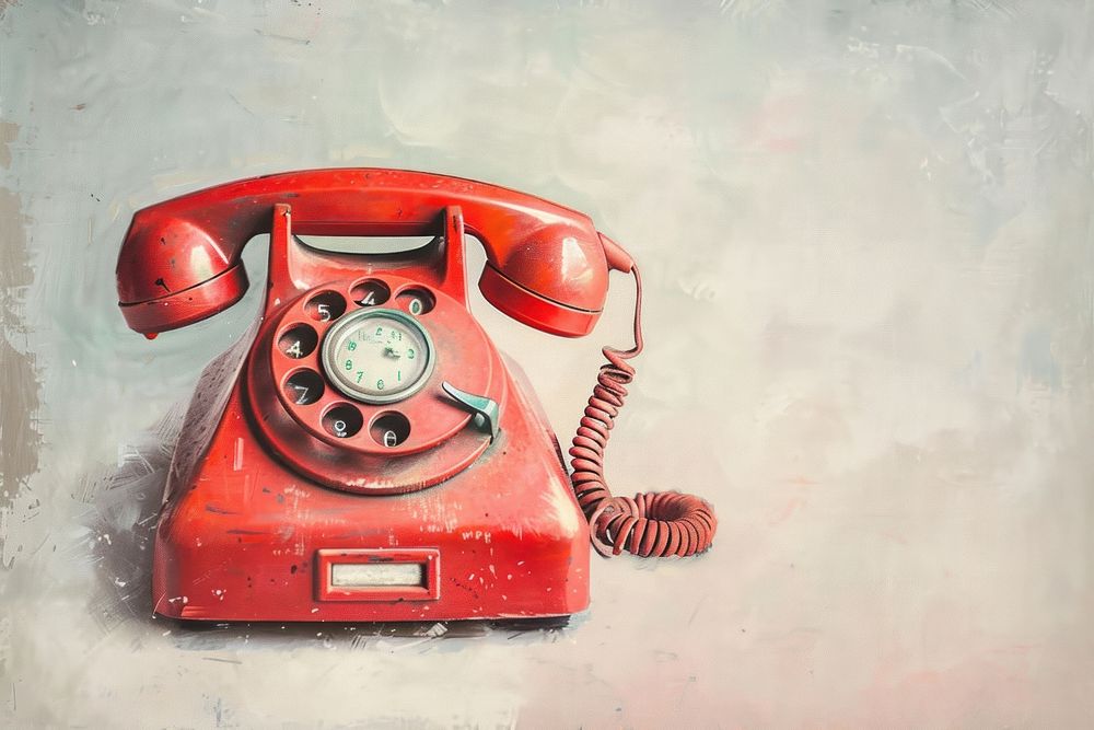 Oil painting of on pale Vintage red telephone old electronics technology.