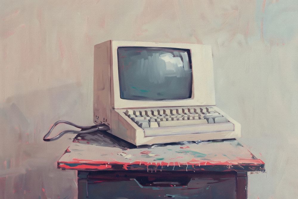 Oil painting of on pale computer old art electronics.