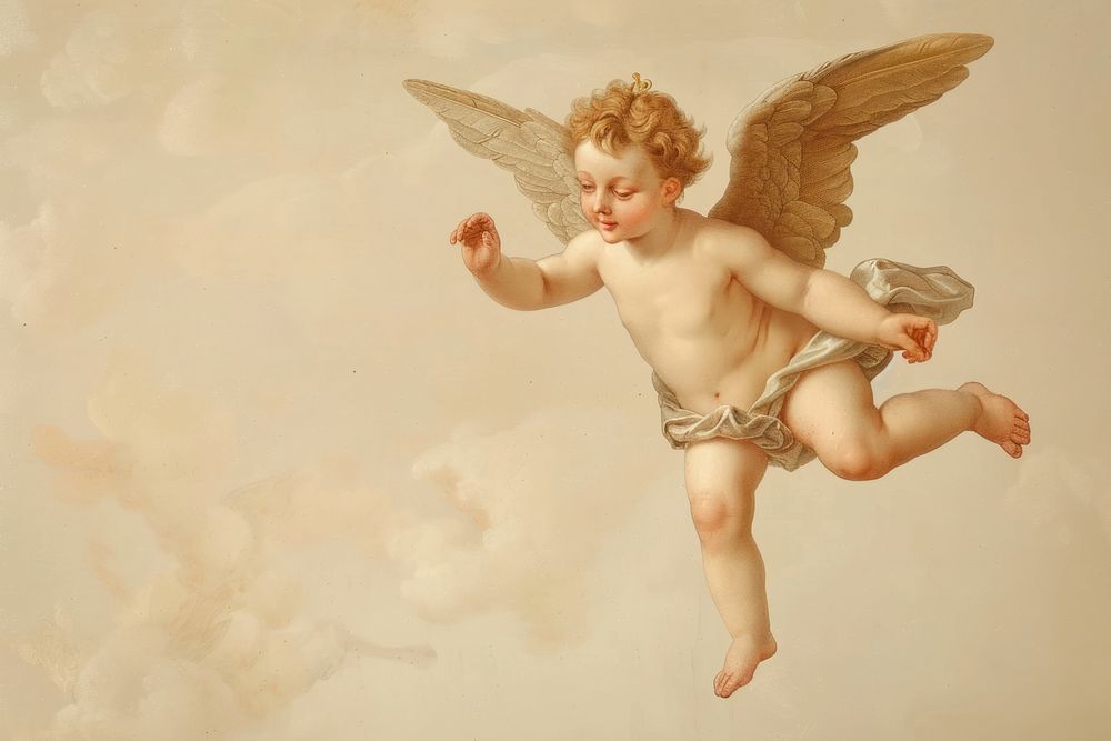 Oil painting of on pale cute Cupid cherub flying angel cupid representation.