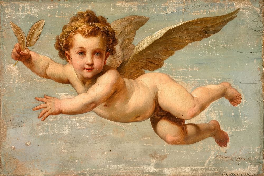 Oil painting of on pale Cupid cherub flying angel cupid baby.