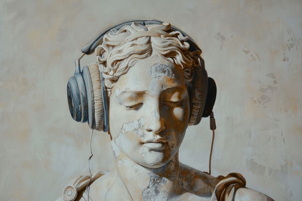 Oil painting of on pale Greek sculpture of wearing headphones art old representation.