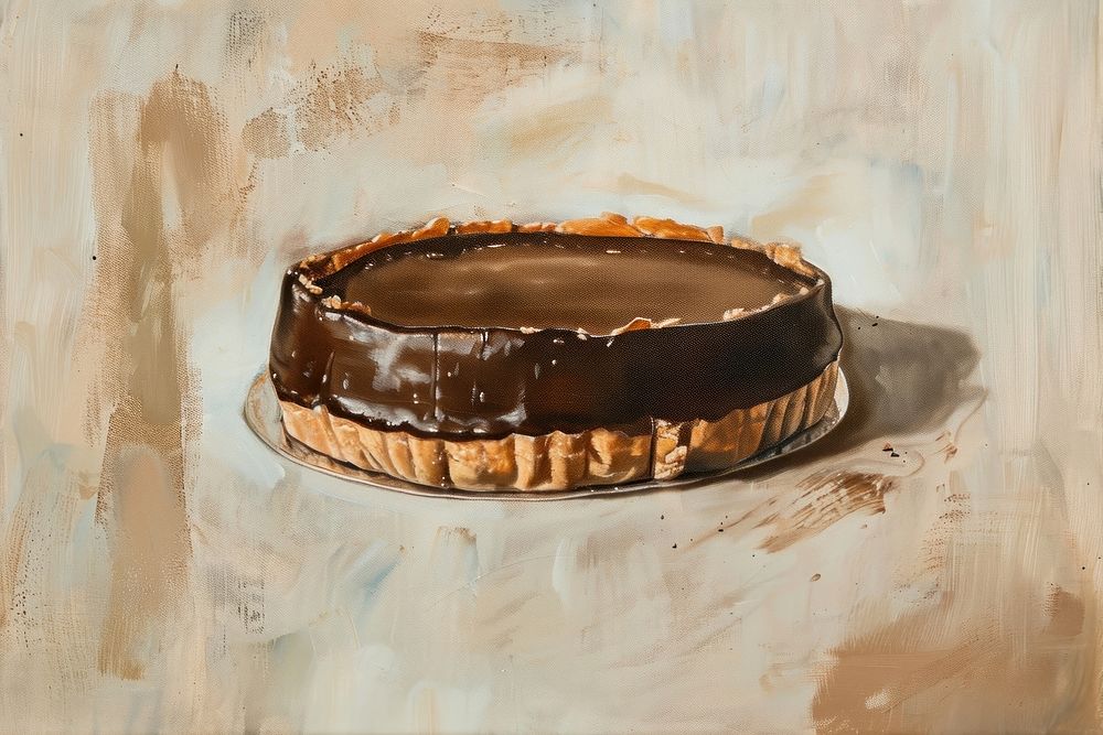 Style oil painting of pale chocolate flan dessert cake food.