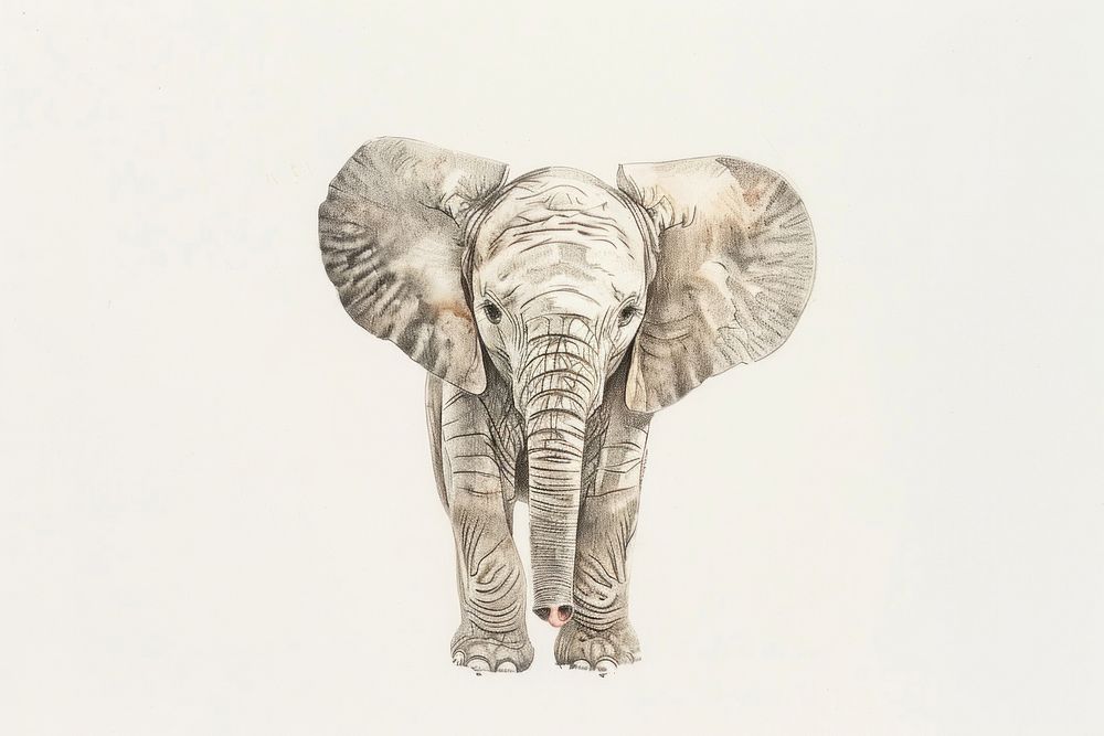 Botanical illustration of a baby elephant crayon wildlife drawing animal.