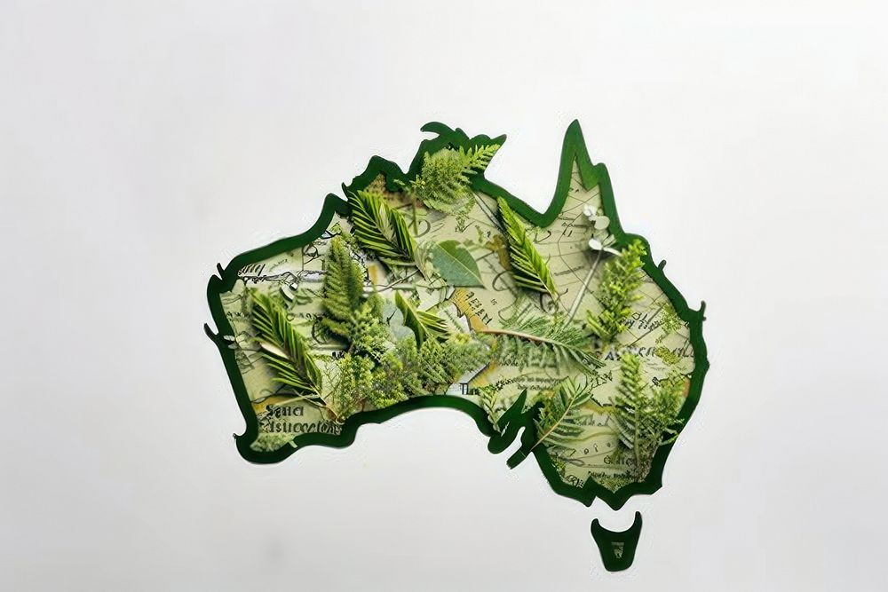 Australia map crayon plant green leaf.
