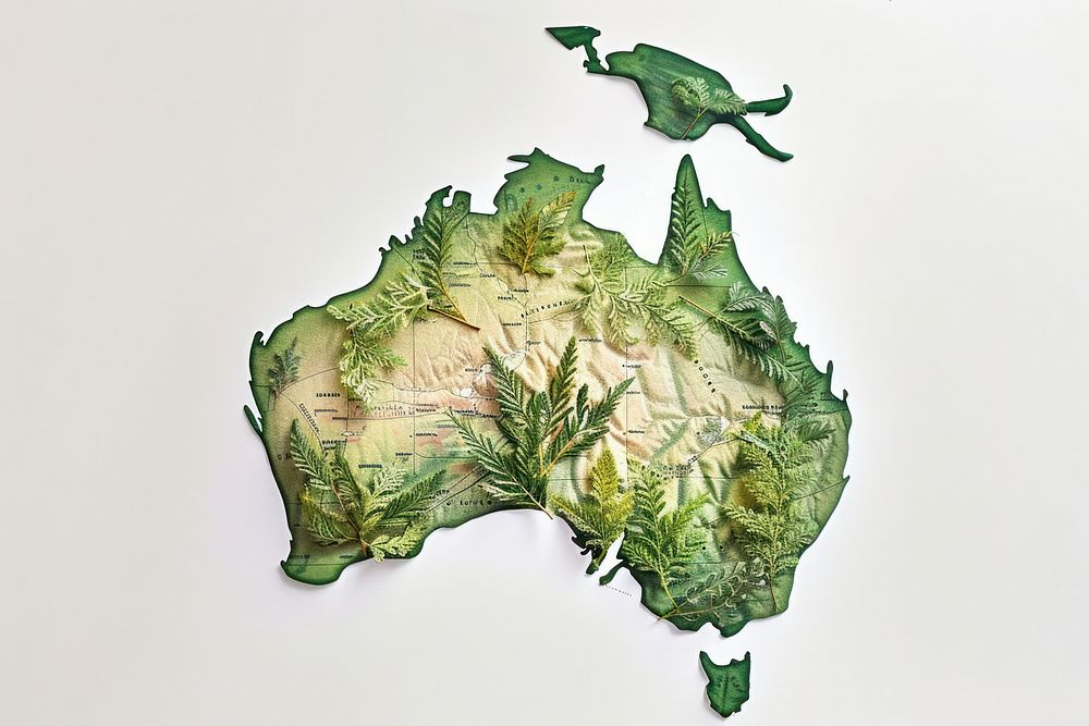 Australia map crayon green leaf topography.