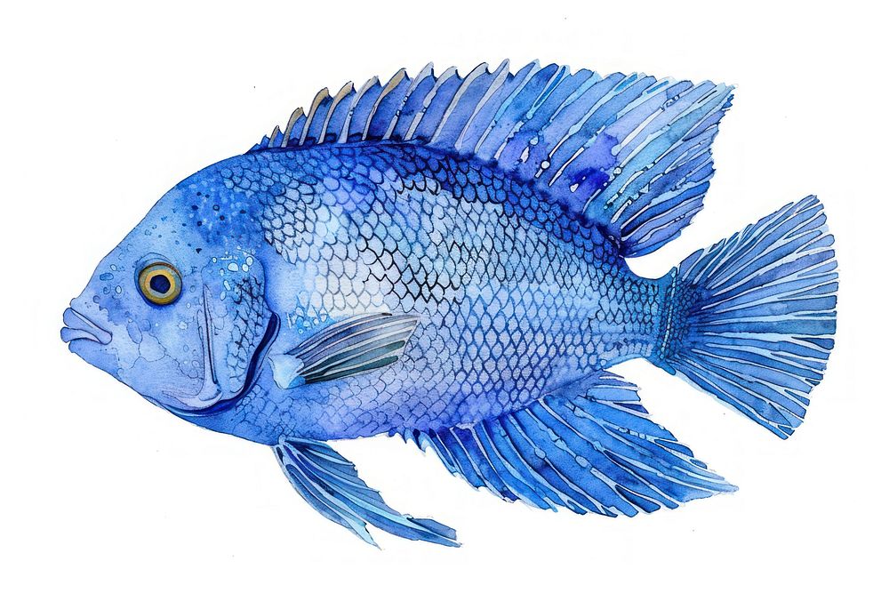 Blue Tang fish in style pen and ink animal blue white background.