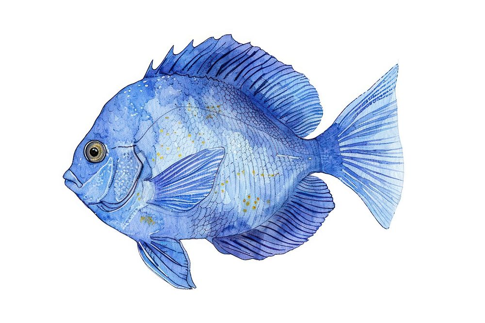 Blue Tang fish in style pen and ink cartoon animal sketch.