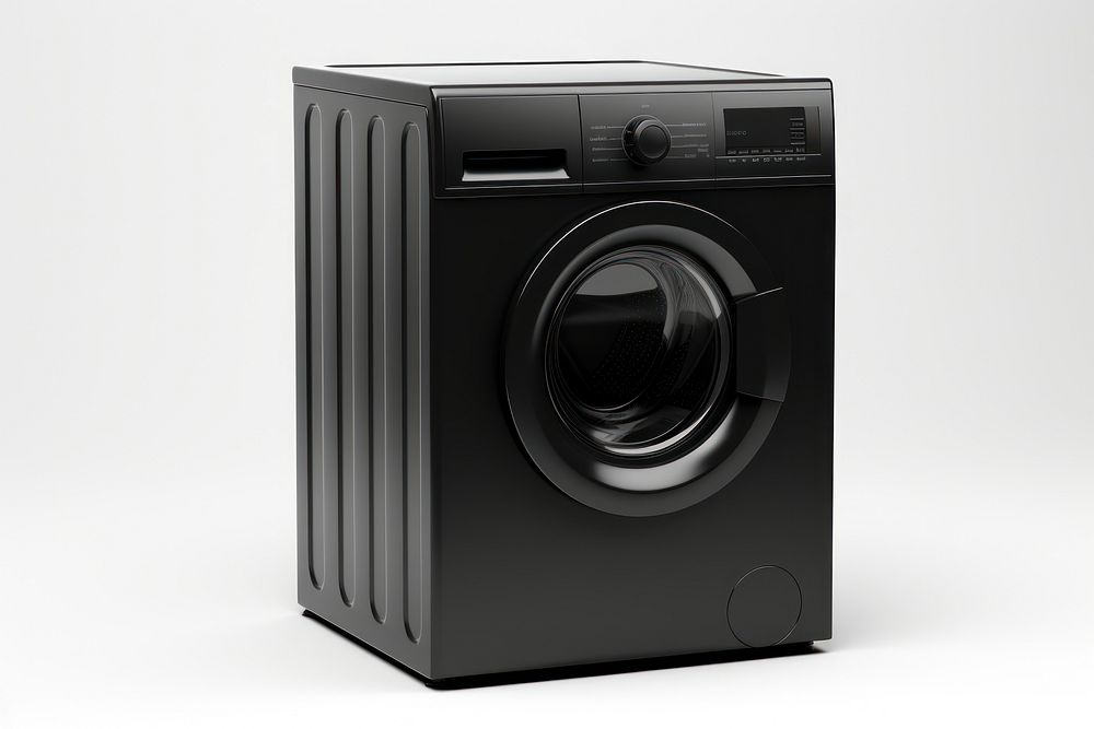 Black plastic wrapping over Washing Machine appliance washing white background.
