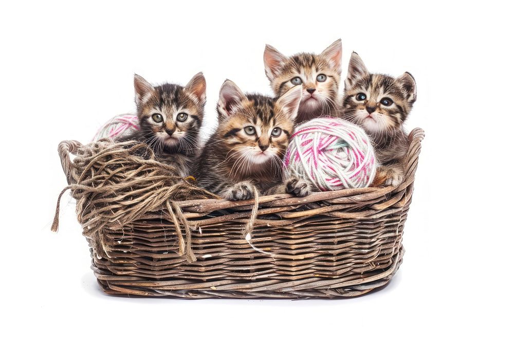 Group of small striped kittens basket mammal animal.