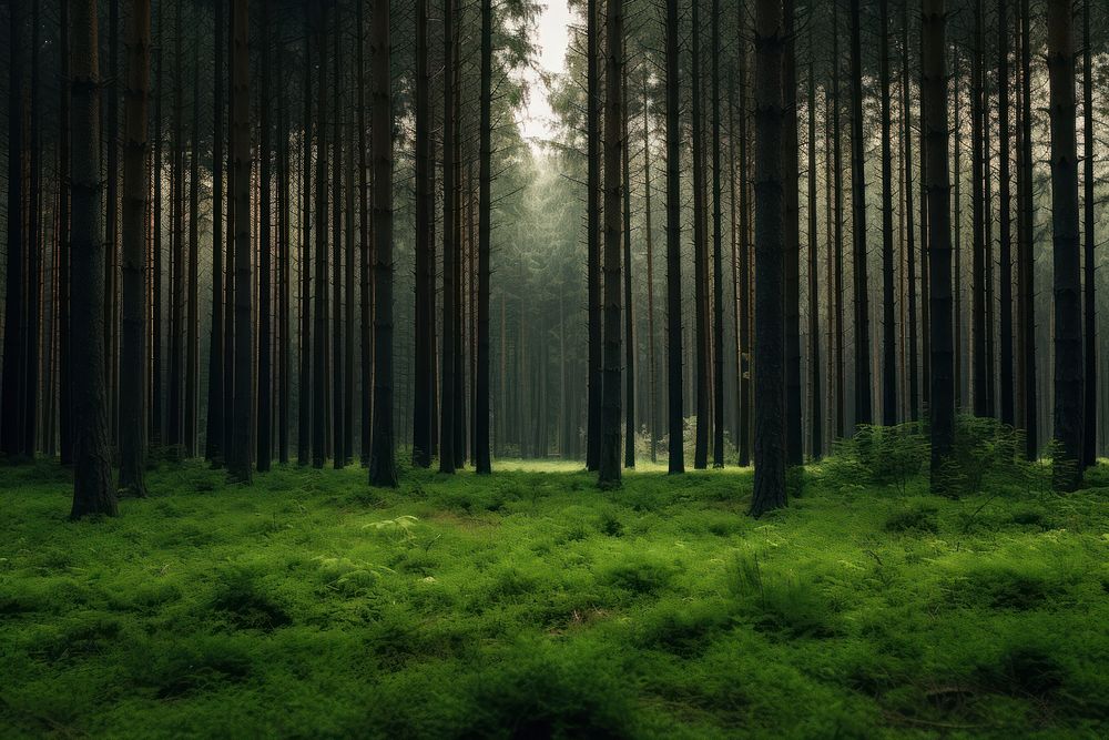 Deep pine forest background landscape woodland outdoors.