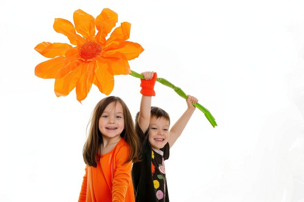 2 kid rising one hand portrait flower holding.