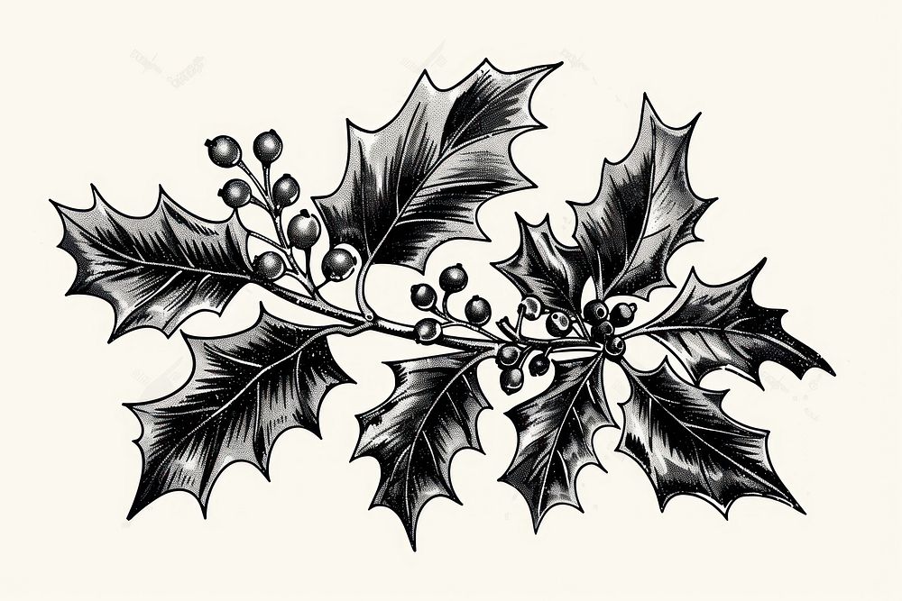 Hand drawn vector vintage holly leaf illustrated drawing animal.