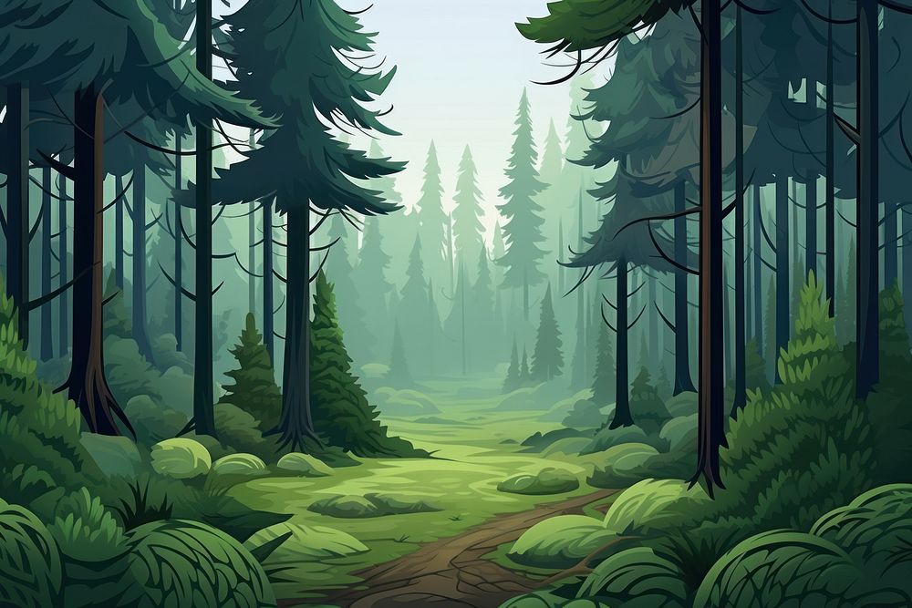 Deep pine forest background wilderness vegetation landscape.