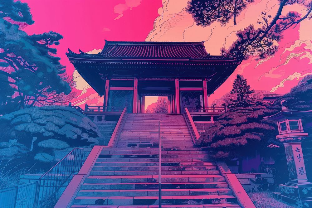 Japanese temple risograph architecture building spirituality.