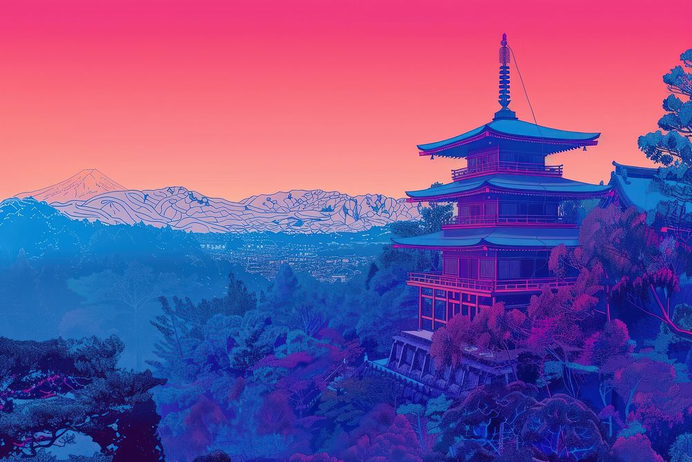 Japanese temple risograph architecture landscape building.